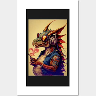 Chubby Dragon with sunglasses, tattoos, and headphones Posters and Art